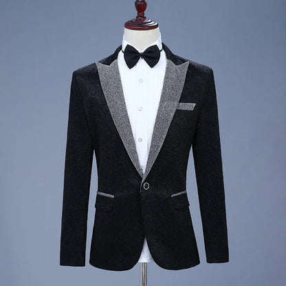 New Men Luxury Shiny Jacket Men's Nightclub Prom Suit Costume 2 Peice Set Lapel Blazer with Bow Tie Groomsmen Singer Clothes