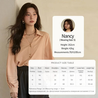 Women's Shirt Lantern Sleeve Hollow Out Tops 2025 Autumn Single Breasted Solid Shirts Lapel Shirt Office Lady MXE41C2359