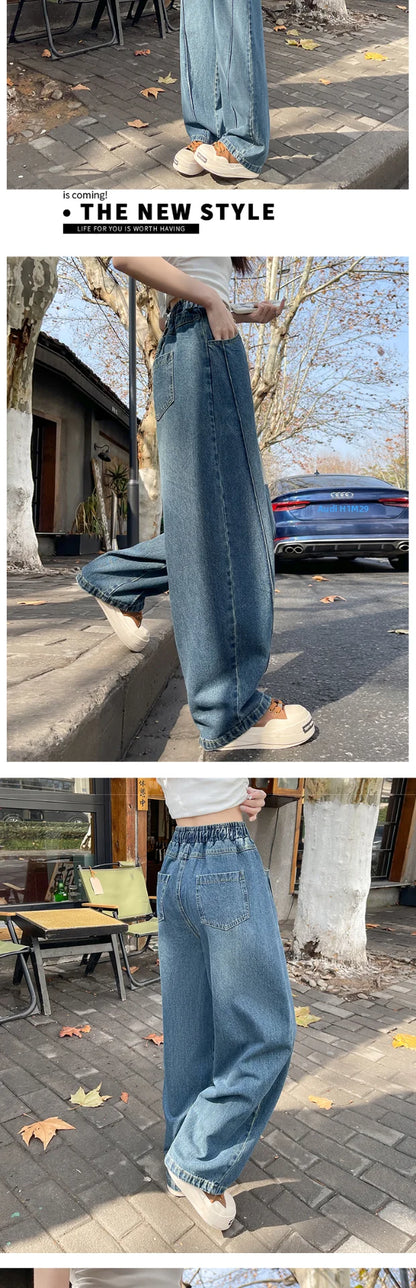 High Waist Wide Leg Jeans Women's Loose Fit Dstring Elastic Waist Long Trousers Blue Denim Spring Season Faion plus Size