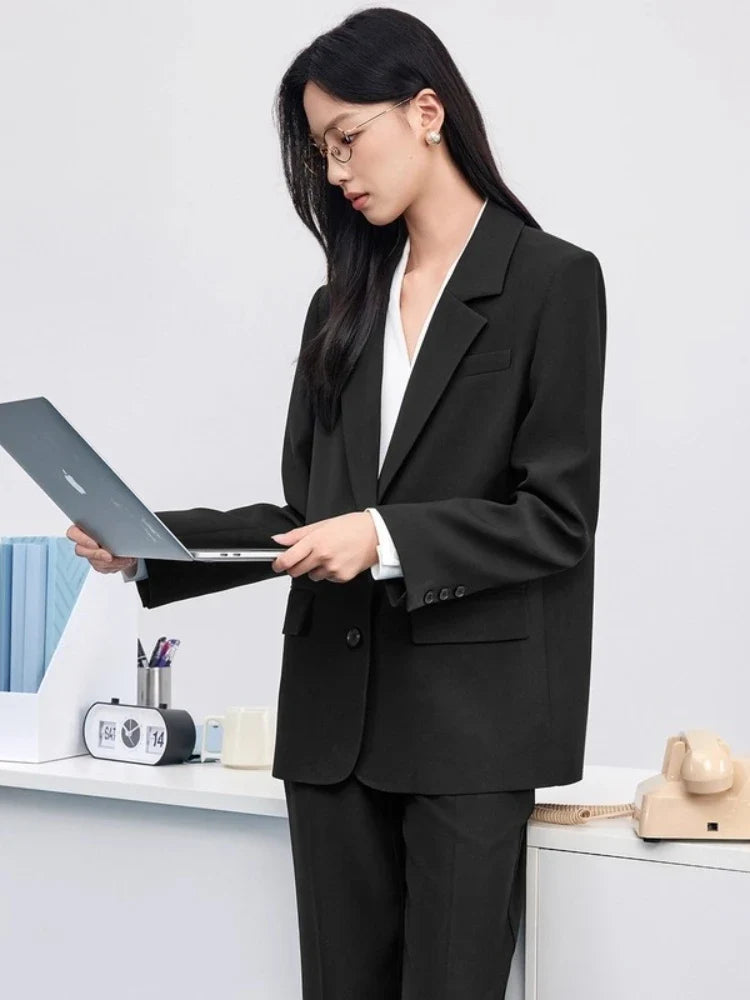 Solid Blazers for Woman 2026 Autumn Notch Lapel Single-breasted Two-button Straight Loose Fit Tailored Coat 153XC8811X