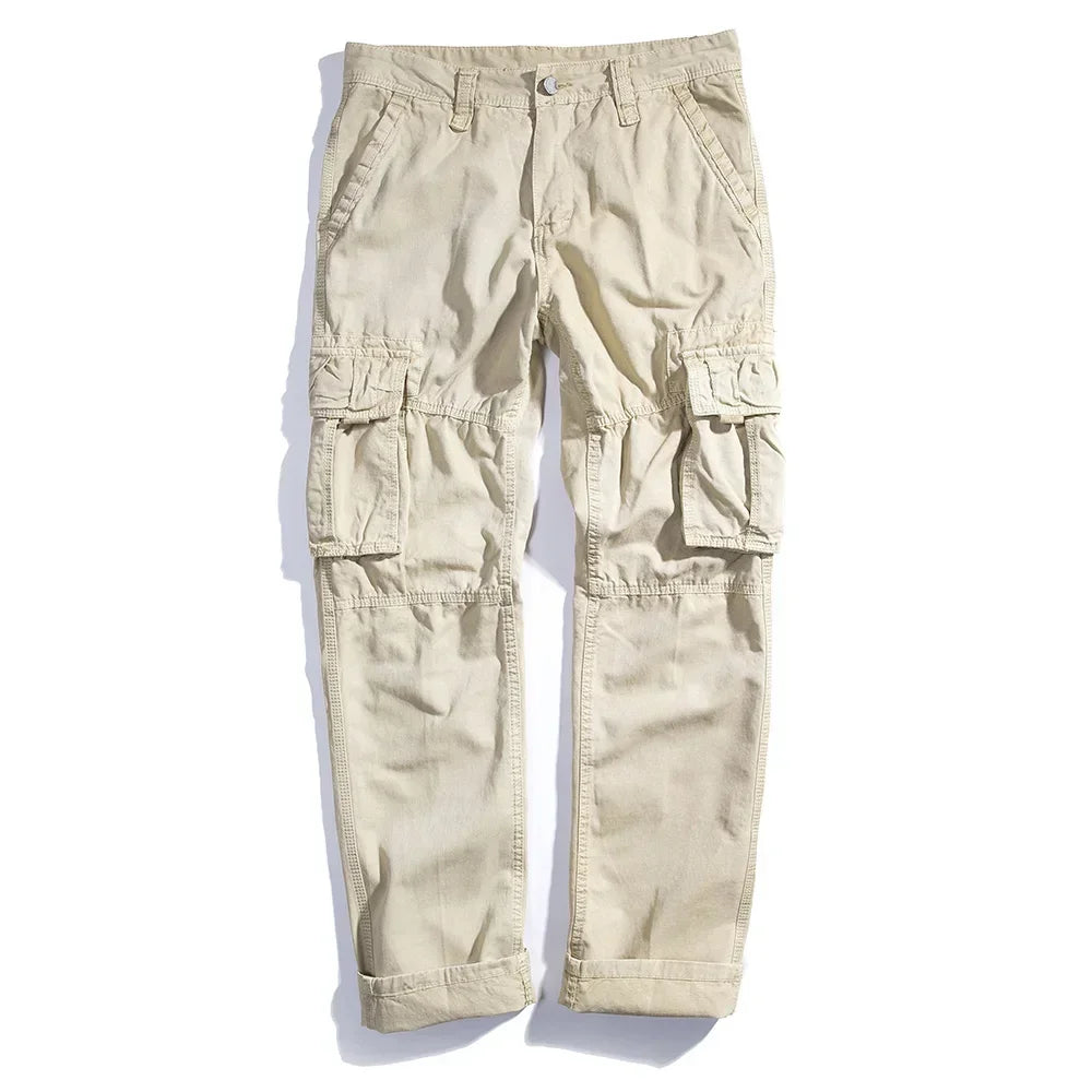 Casual Pants Men Straight Leg Cotton Cargo Trouser Male Multi Pocket Work Fishing Wear Military Style Summer Spring Khaki Black