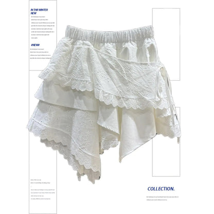 Summer 2025 White Asymmetrical Lace Skirt Women Casual Sweet High Waist A-Line Mini Skirt Elegant Fashion Floral Cake Skirt New