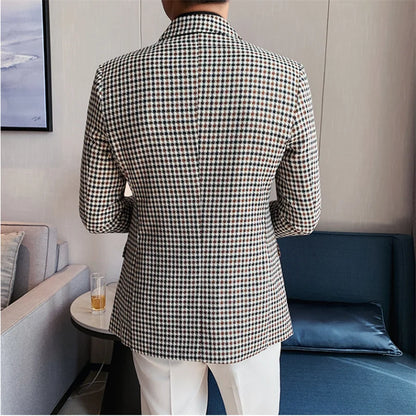 British Style Slim Fit Houndstooth Blazer For Men 2023 Fashion Double Breasted Business Office Wedding Dress Suit Jacket