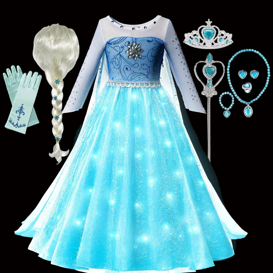 Elsa Snow Queen Princess Girls LED Light Up Dress Halloween Carnival Clothing Party Kids Cosplay Children Costume
