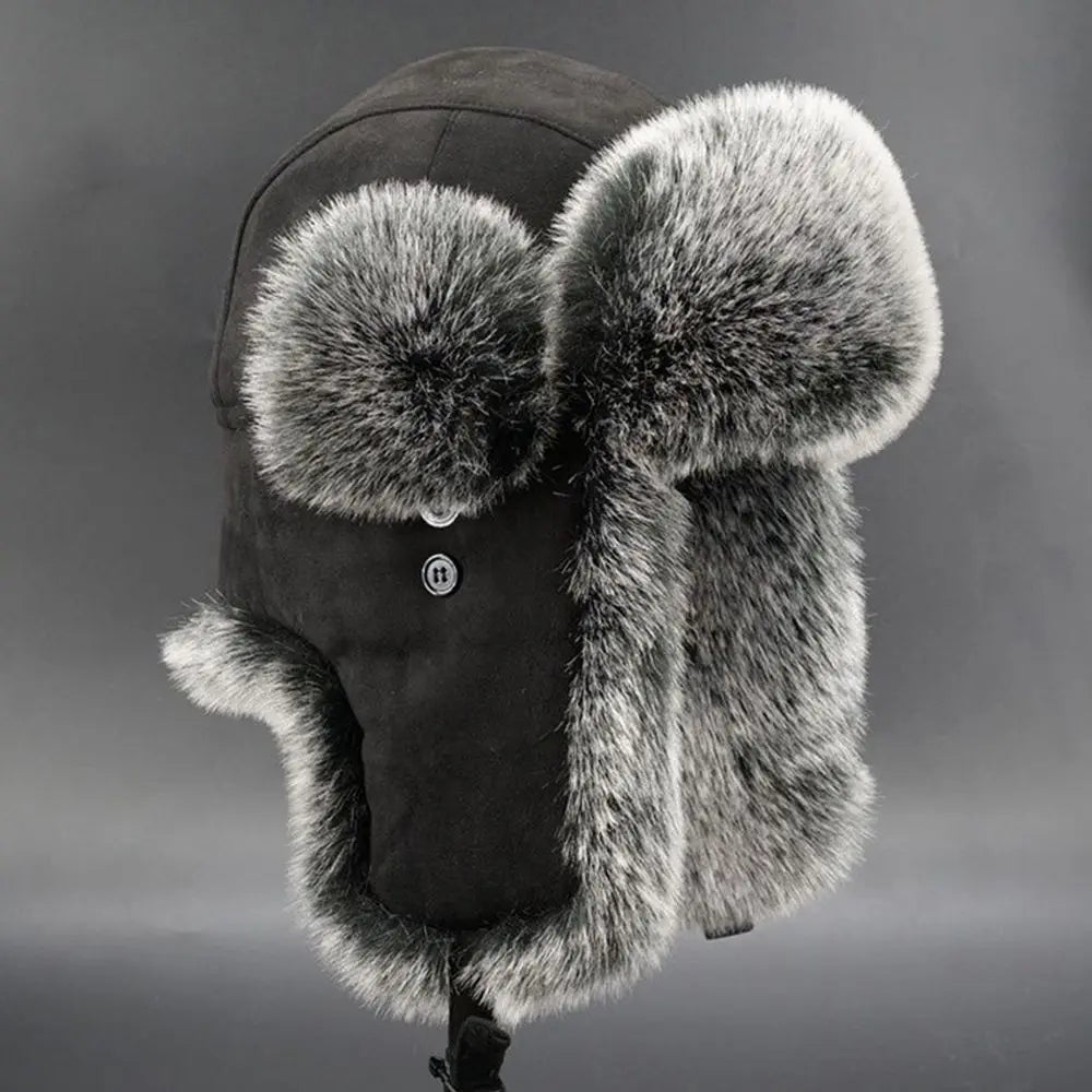 Suede Leather Russian Cossack Ski Cap Earflap Bonnet Faux Fur Earflap Bomber Hats Trapper Hat