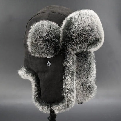 Suede Leather Russian Cossack Ski Cap Earflap Bonnet Faux Fur Earflap Bomber Hats Trapper Hat