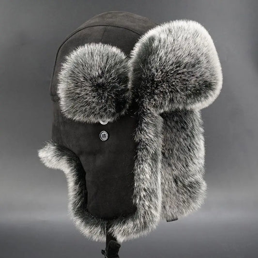 Suede Leather Russian Cossack Ski Cap Earflap Bonnet Faux Fur Earflap Bomber Hats Trapper Hat