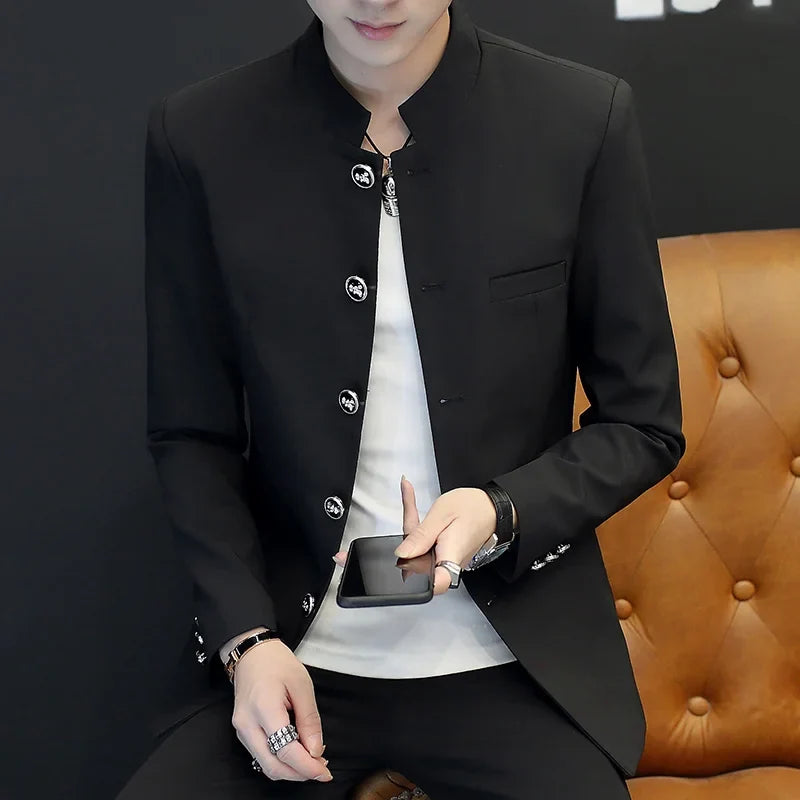2024 Men's Slim Fit Long Sleeve Casual Suit Korean Trend Stand Collar Fashion Handsome Male Suit