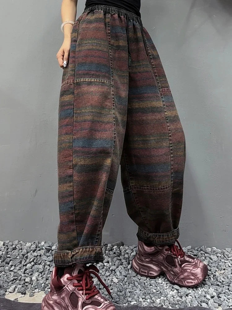 Fall Korean Casual Jeans Womens Classic Striped Fashion Vintage Denim Pants Ladies Loose Elastic Waist Harem Trousers