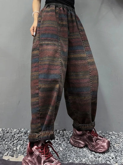 Fall Korean Casual Jeans Womens Classic Striped Fashion Vintage Denim Pants Ladies Loose Elastic Waist Harem Trousers