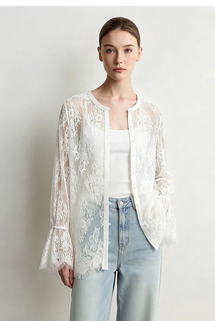 Lace Women's Blouse 2026 Autumn Crew Neck Sheer Long Sleeve Tops For Woman Lightweight Breathable Vacation Shirt 12643002