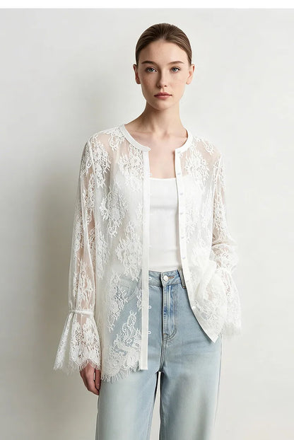 Lace Women's Blouse 2026 Autumn Crew Neck Sheer Long Sleeve Tops For Woman Lightweight Breathable Vacation Shirt 12643002
