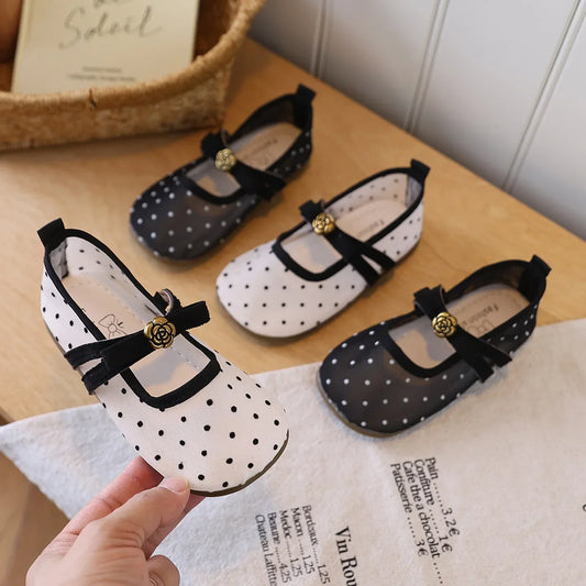 Girls' Casual Shoes, Polka Dot Mesh Princess Cute Bow Spring Summer 2026 Suitable Toddlers, Medium Large Children Wedding Party