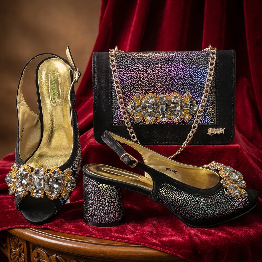 2026 New Green Elegant Women's High Heels Shoes  & Bag Set Rhinestone-Embellished Designer Shoes Perfect for Special Occasionss