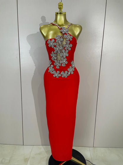 Sexy Backless Sparkly Crystal Diamonds White Bodycon Bandage Dress Women Celebrity Elegant Evening Club Party Birthday Dresses