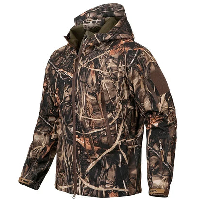 Men's Silent Camouflage Hunting Jacket Soft Shell Outdoor Hiking Fishing Hooded Coat Waterproof Fleece Tactical Jackets