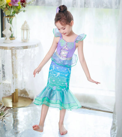 Halloween Costume Mermaid Dress Girl Ruffles Shell Fishtail Frocks Ariel Fantasy Luxury Princess Gown Children Fancy Fairy Dress