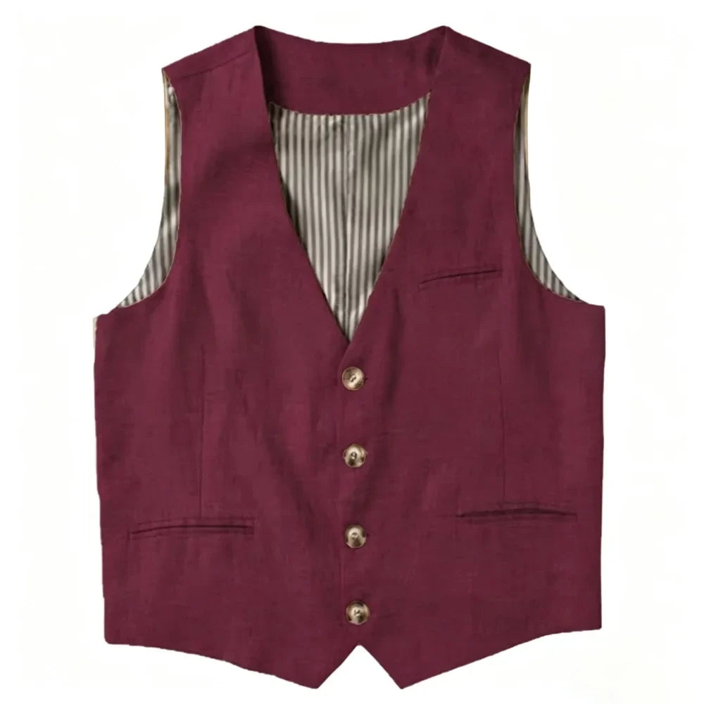 Beige Linen Men's Vest V Neck Summer Waistcoat Single Breasted Light Weigt Men's Suits Vest