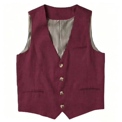Beige Linen Men's Vest V Neck Summer Waistcoat Single Breasted Light Weigt Men's Suits Vest