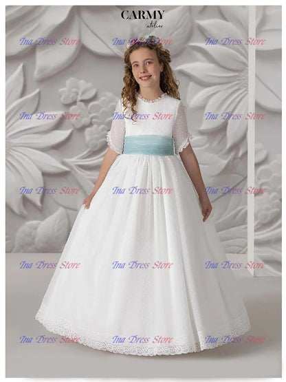 Elegant Long-sleeved Tulle Lace Printing Flower Girl Dress Princess Ball First Communion Dresses Kids Surprise Birthday Present