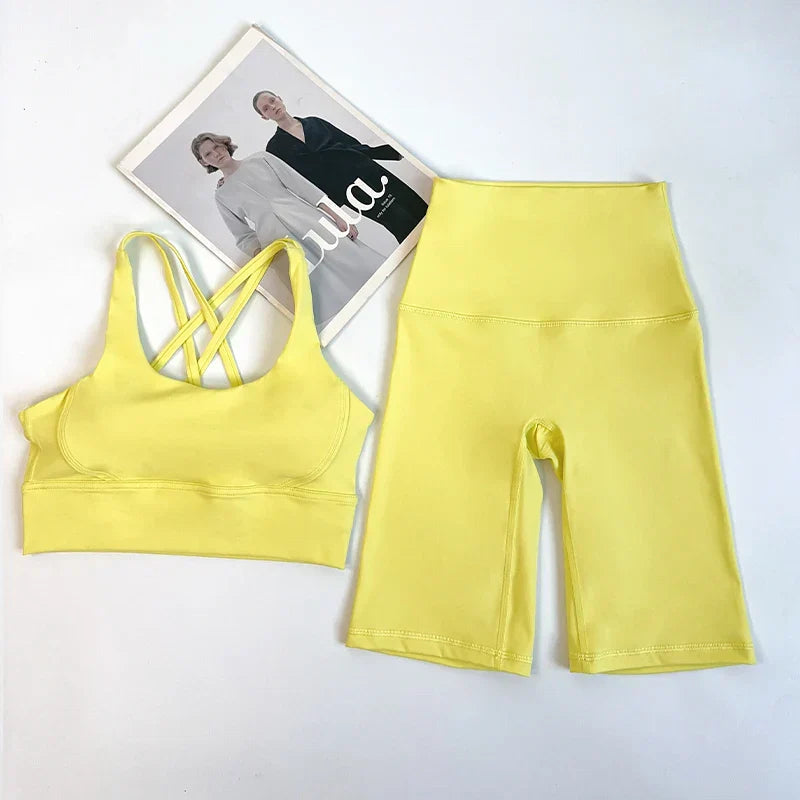 2 Pieces Yoga Shorts Gym Sports Sets Women Fitness Suits Cross Back Bra Top High Waist Shorts Running Workout Clothes Tracksuit