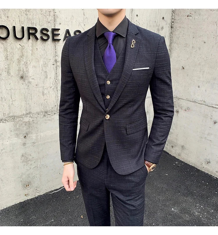 High Quality Slim-fit Men's Three-piece Suit with Vest And Trousers - Double Buckle Wedding Art Fabric Tough Man Suit