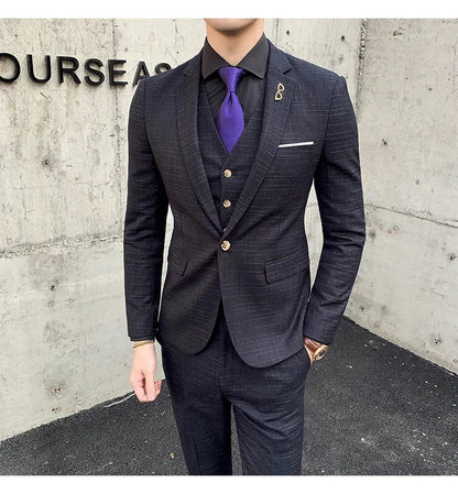 High Quality Slim-fit Men's Three-piece Suit with Vest And Trousers - Double Buckle Wedding Art Fabric Tough Man Suit