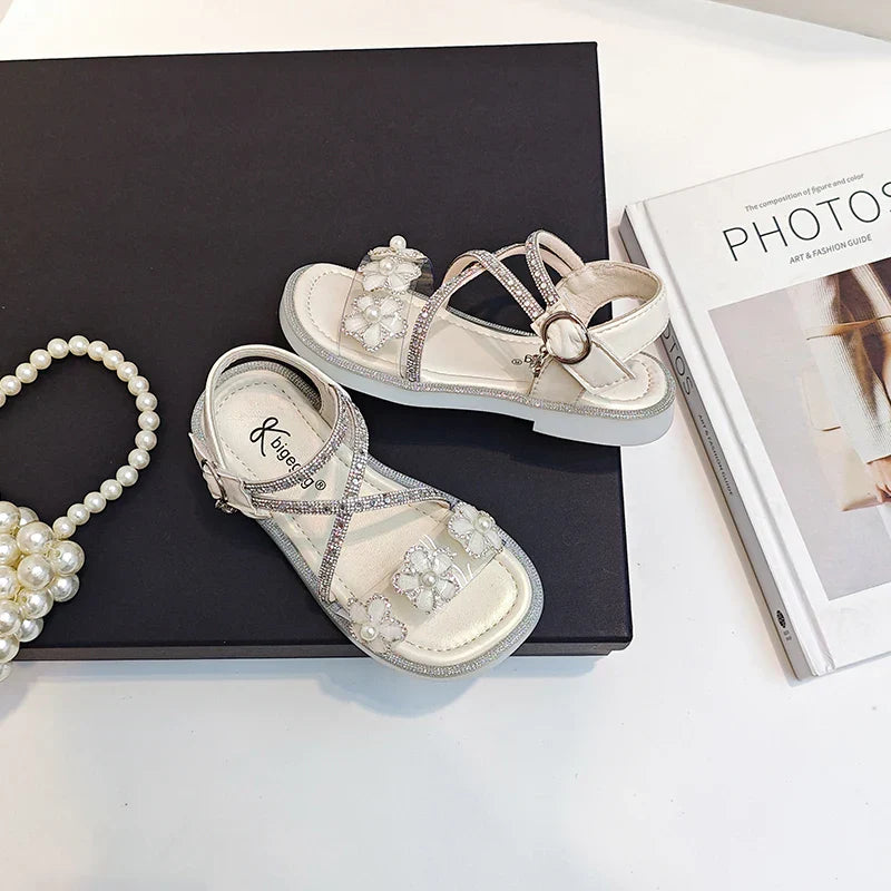 Girls Princess Sandals Children Summer Beach Shoes Soft Bottom Anti-slippery Fashion Kids Flowers Rhinestone Sandals Size 23-36