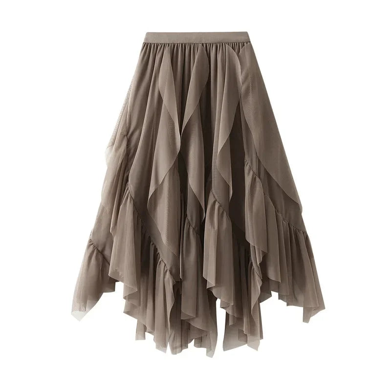 Women's Lotus Leaf Edge A Line Fairy Elastic Waist Tulle Skirt Midi High Waist Mesh Dress Solid Color Irregular Yarn Skirt D8808