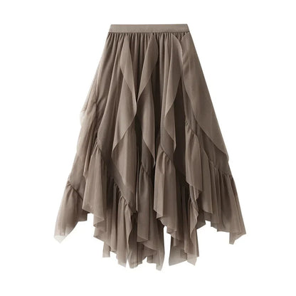 Women's Lotus Leaf Edge A Line Fairy Elastic Waist Tulle Skirt Midi High Waist Mesh Dress Solid Color Irregular Yarn Skirt D8808