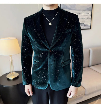 High Quality Velvet Bronzing Suit Coats Mens Sparkle Elegant Slim Business Suits Jacket Homme Formal Social Prom Party Tuxedos