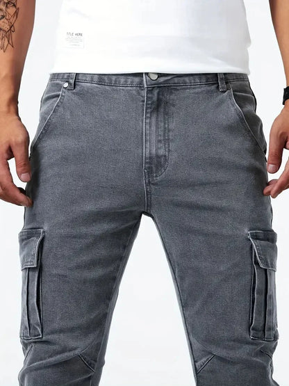 Street Elastic Jeans Men Denim Cargo Pants Wash Solid Color Multi Pockets Casual Mid Waist Trousers Slim Fit Daily Wear Joggers