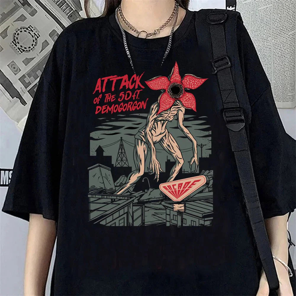 Hawkins Demogorgon T-shirt Anime Black T Shirt Cartoon Short Sleeve Harajuku Tshirt Women Men