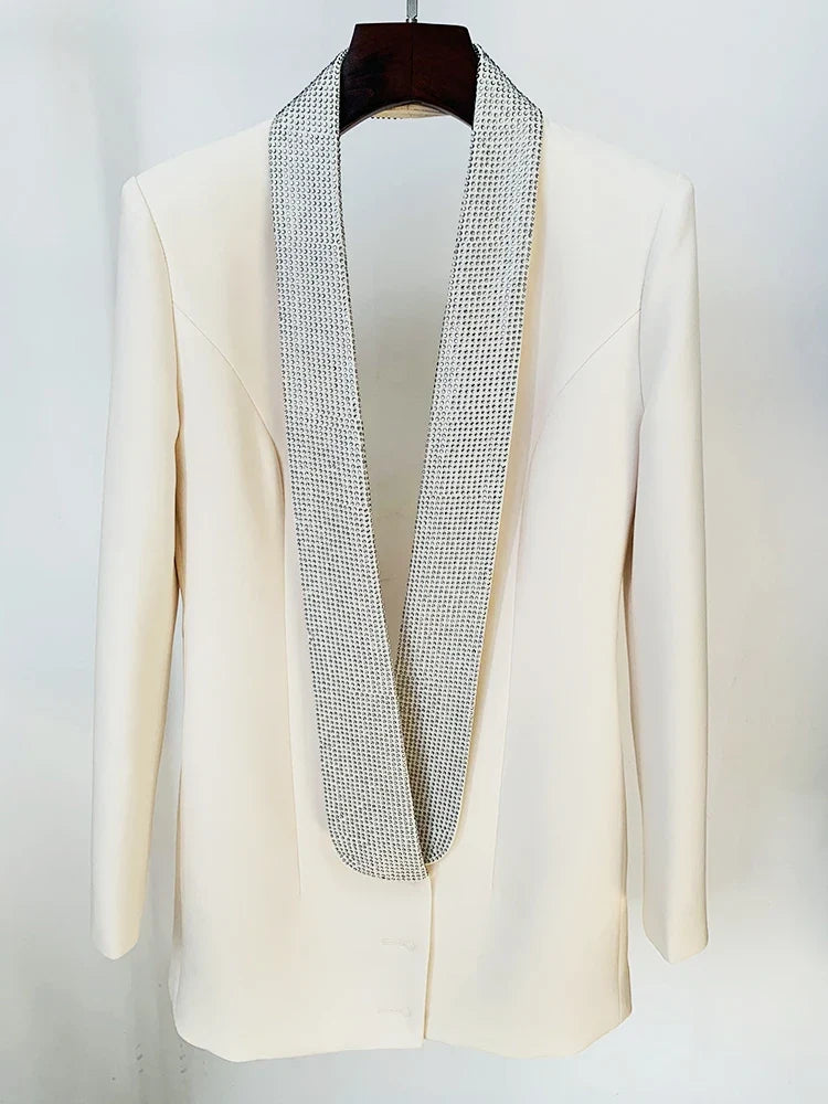 HIGH STREET 2026 Runway Fashion Designer Jacket Women's Stylish Backless Rhinestone Diamonds Beaded Shawl Collar Long Blazer