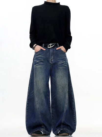 Vintage Black Washed Baggy Jeans Pants Men Wide Leg Curved Blade Pants Streetwear Cowboy Casual Denim Straight Trousers