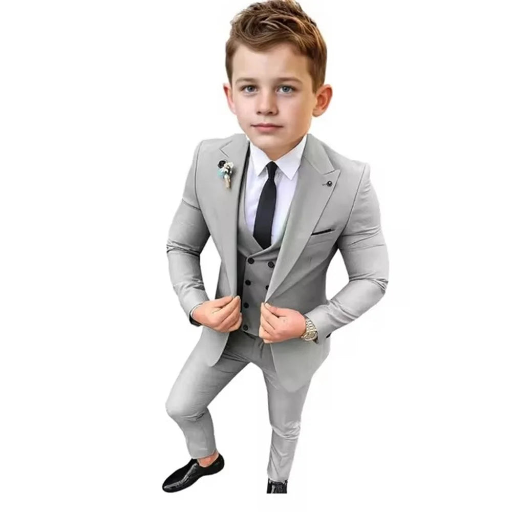Boys Formal Slim Fit Suits 3 Pieces Holiday Celebration Outfit,Autumn Long Sleeve Kids Peak Lapel Suit Set Wedding Guest Wear