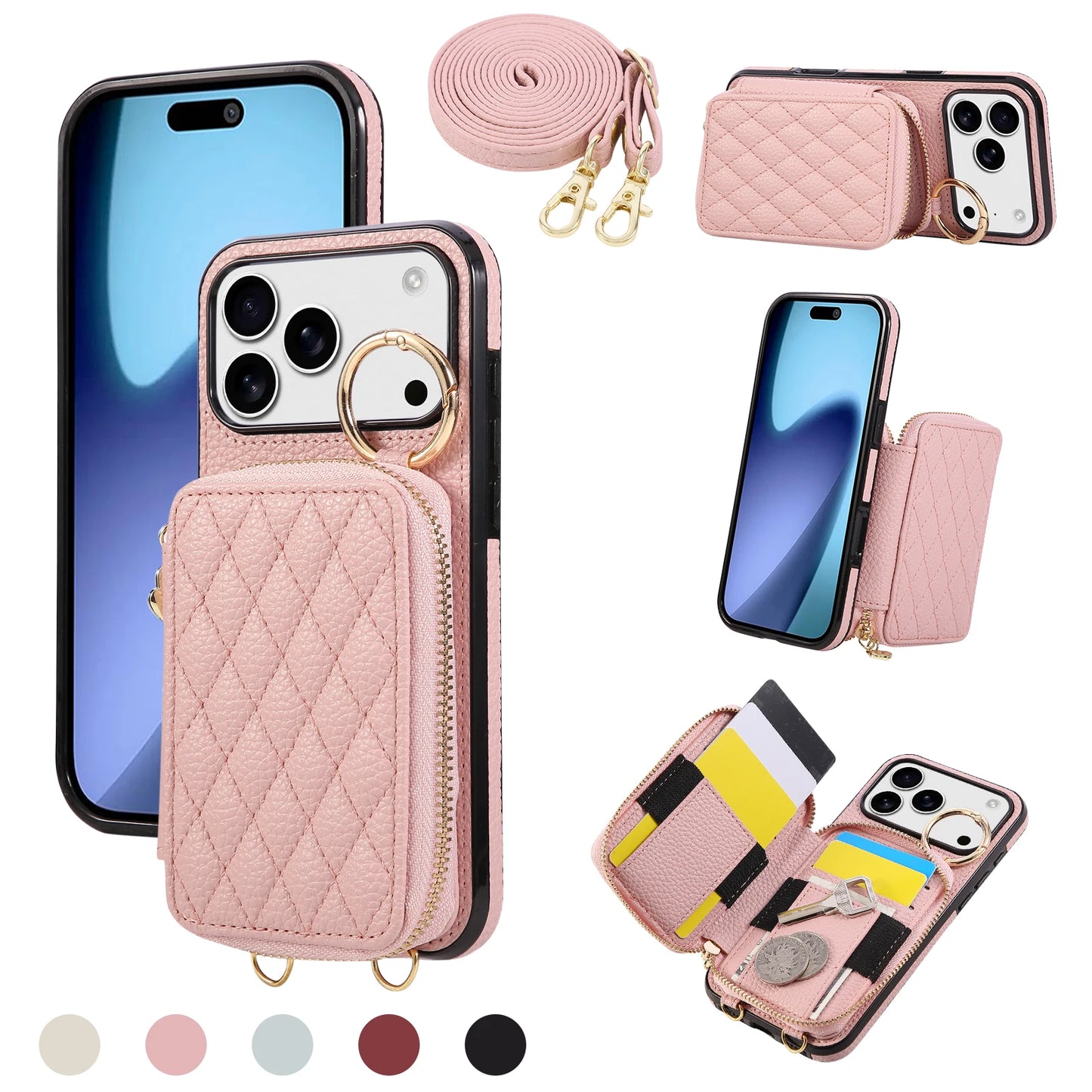 جراب هاتف جلدي بحمالة كتف لهواتف آيفون 17 إير 16 15 14 13 12 11 برو ماكس XS XR 8 7 بلس مع محفظة بسحاب وحامل بطاقات