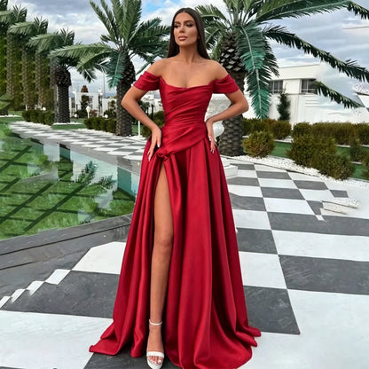 Navy Blue A-Line Evening Dresses Split Pleat Off the Shoulder Scoop Ruffle Prom Gown with Pleats Sweep Train Customized