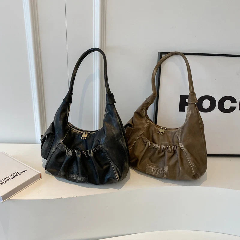 Retro Leather Shoulder Bags for Women 2025 Spring Vintage Underarm Bag Handbags and Purses Latest Fashion Hand Bag