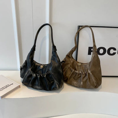 Retro Leather Shoulder Bags for Women 2025 Spring Vintage Underarm Bag Handbags and Purses Latest Fashion Hand Bag