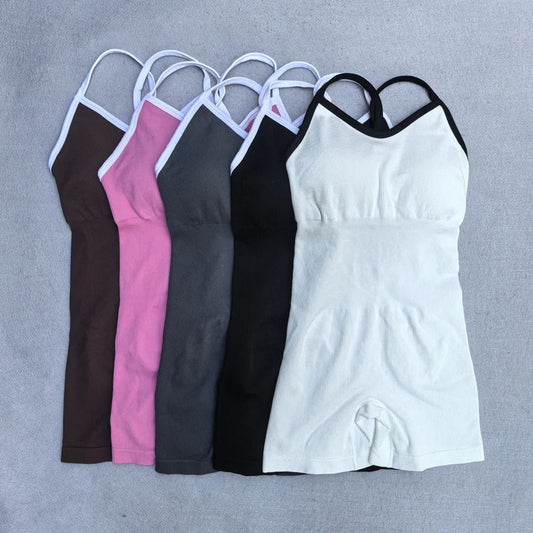Summer Seamless Yoga Jumpsuit Women Gym Set Spaghetti Strap Leisure Workout Gym Shorts Padded Bra One-piece Fitness Bodysuits