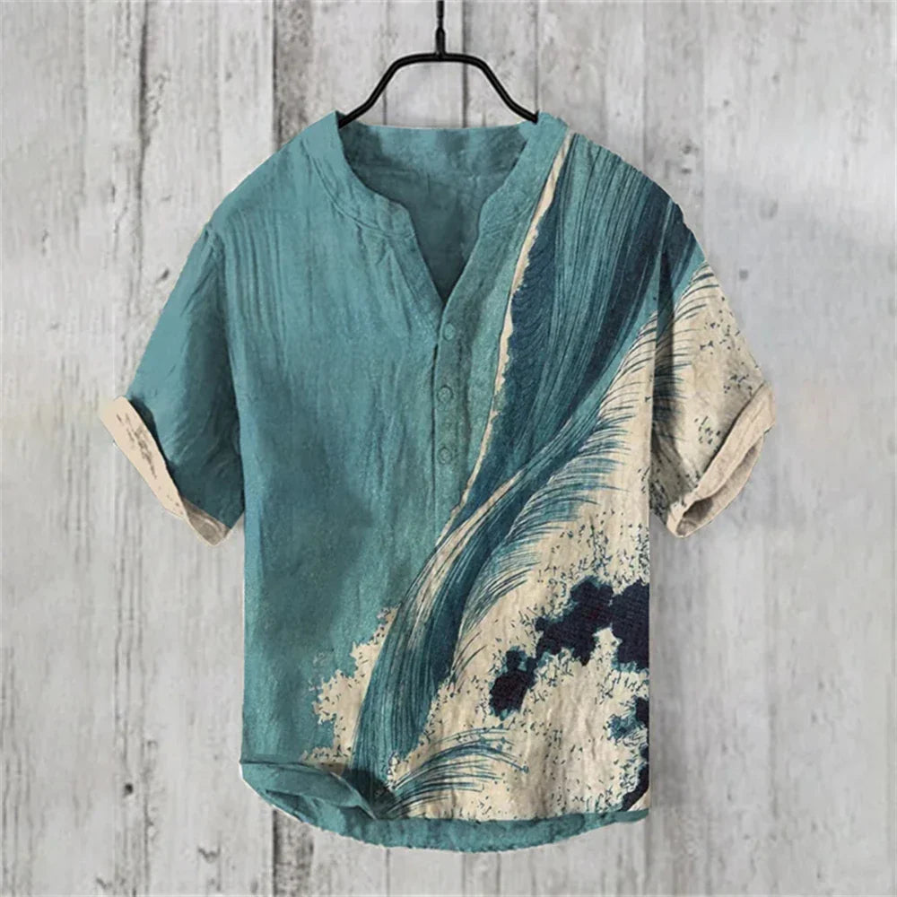 Men's short-sleeved POLO shirt blended linen top Hawaiian vacation great white shark fashion print Comfortable men's clothing