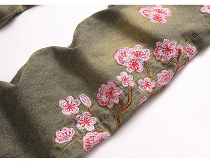 Men Sakura Embroidery Denim Jeans Streetwear Boot Cut Pants Released Hem Flared Trousers with Ripped And Cherry Blossom Design