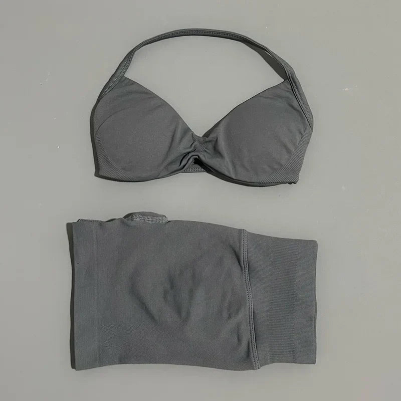 No Logo 2 Piece Impacts Gym Set Women Seamless Yoga Strappy Bra Workout Scrunch Sports Low Waist Shorts Sport Set