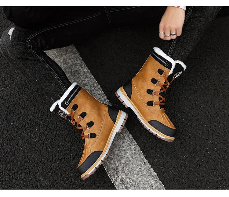 Fashion Men's Winter Boots Warm Fur High-top Snow Boots Men Waterproof Leather Platform Boots Outdoor Non-slip Men Winter Shoes