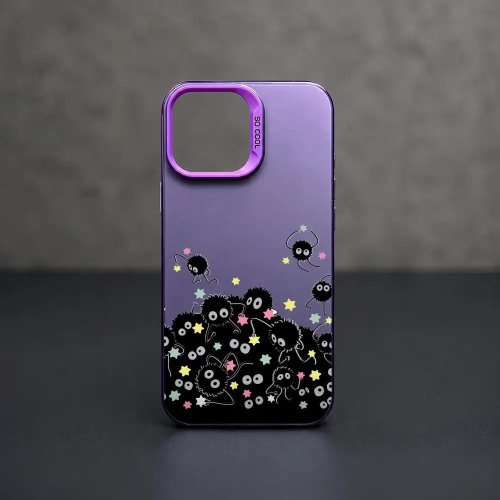 جراب هاتف لطيف بتصميم وحش أسود شبح الغبار لهاتف آيفون 11/12/13/14/15/16/17 برو ماكس، جراب TPU متدرج الألوان مقاوم للصدمات
