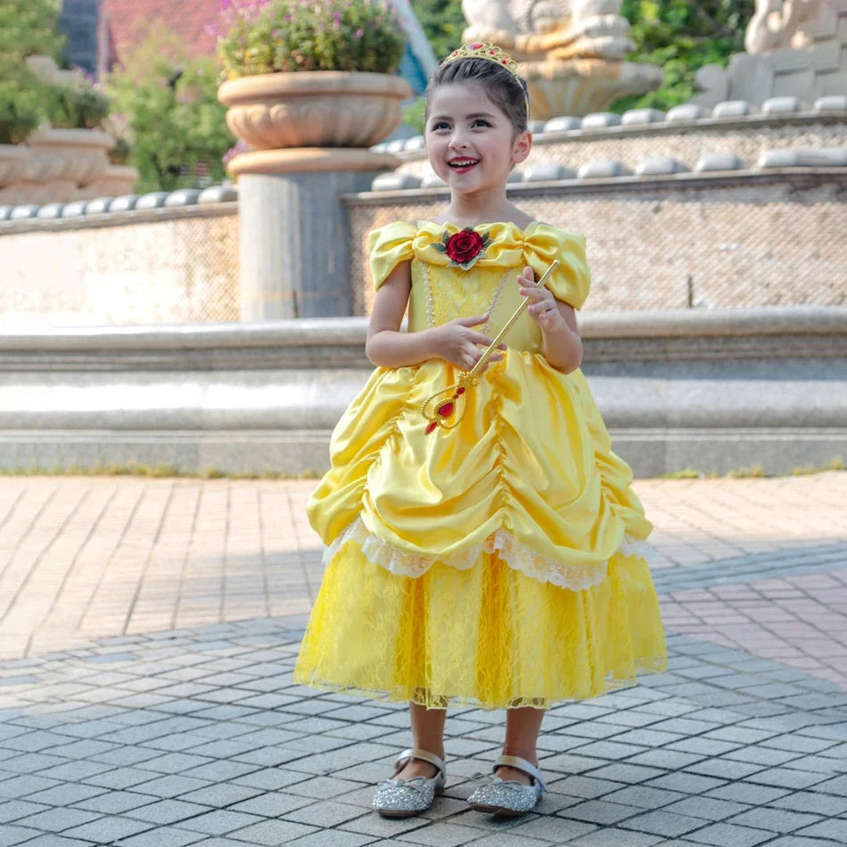Girl Belle Dress Beauty Cosplay Costume Princess Deluxe Applique Outfit Children Birthday Party Elegant Gown Fairy Disguise Sets