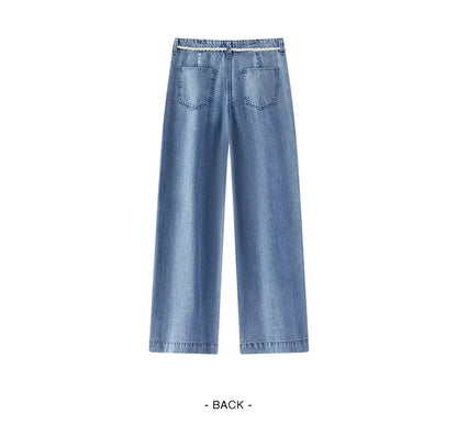 Women Jeans Soft Cool Belted Loose Wide Leg Denim Pants 2026 Summer Casual Daily