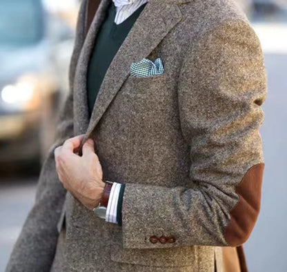 Vintage Winter Tweed Suits Brown Tweed Men Suits With Patch Design Costume Homme Smart Business Formal Wedding Suits 1 Pieces