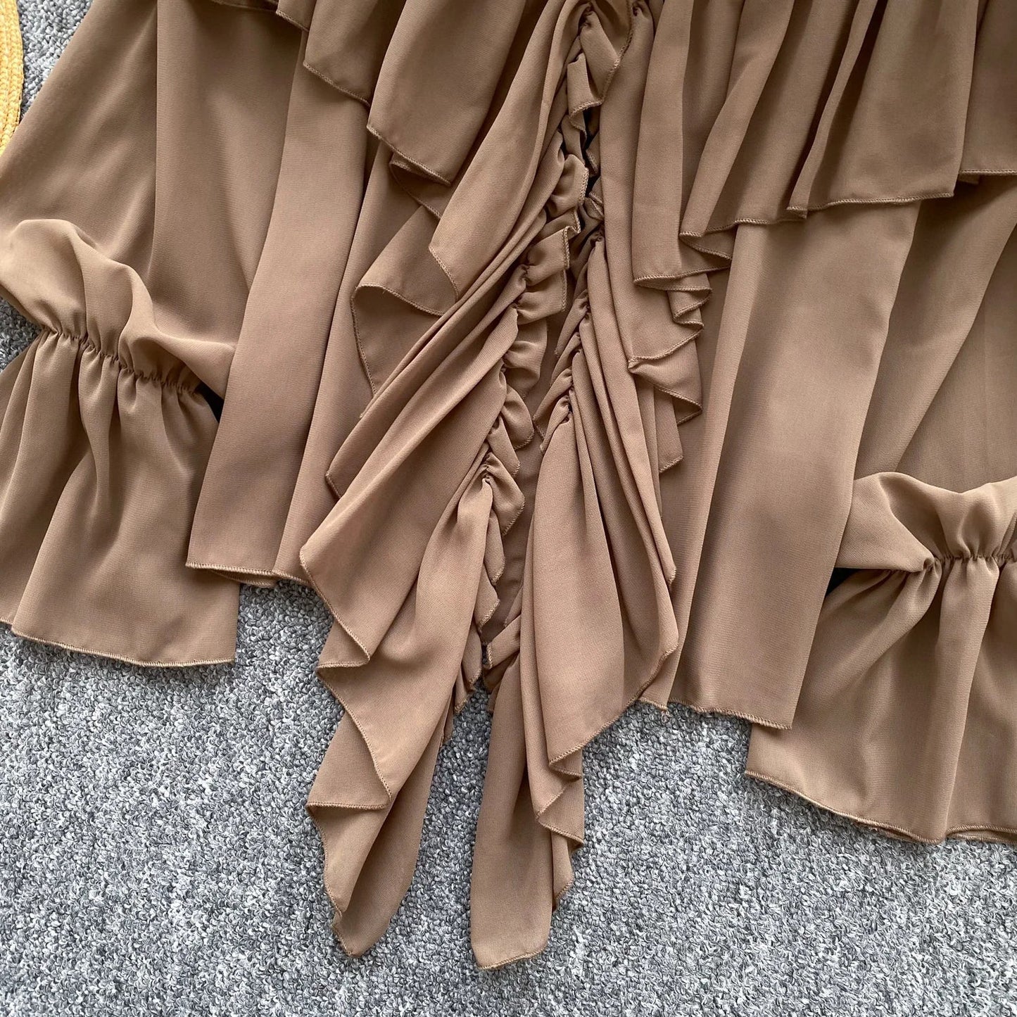 Chic Ruffles Splice Chiffon Blouse V Neck Flared Sleeve Loose Tops 2025 Fashion Solid Fairycore Vacation Women Shirt